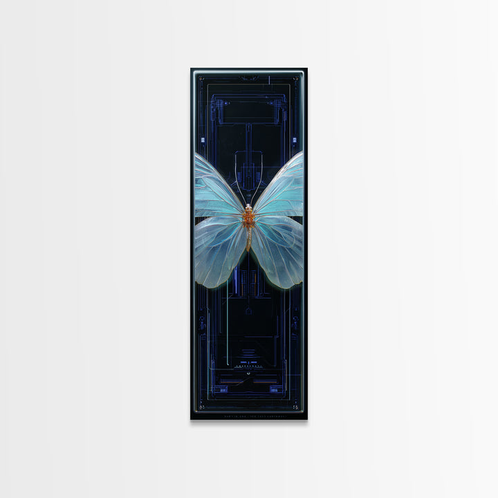 Holographic Butterfly over Black Metal Surface Canvas Print, Cyberpunk Art, Gothic Decor, Living Room Decor, Oil Painting, Neon, CYB-1x3-7