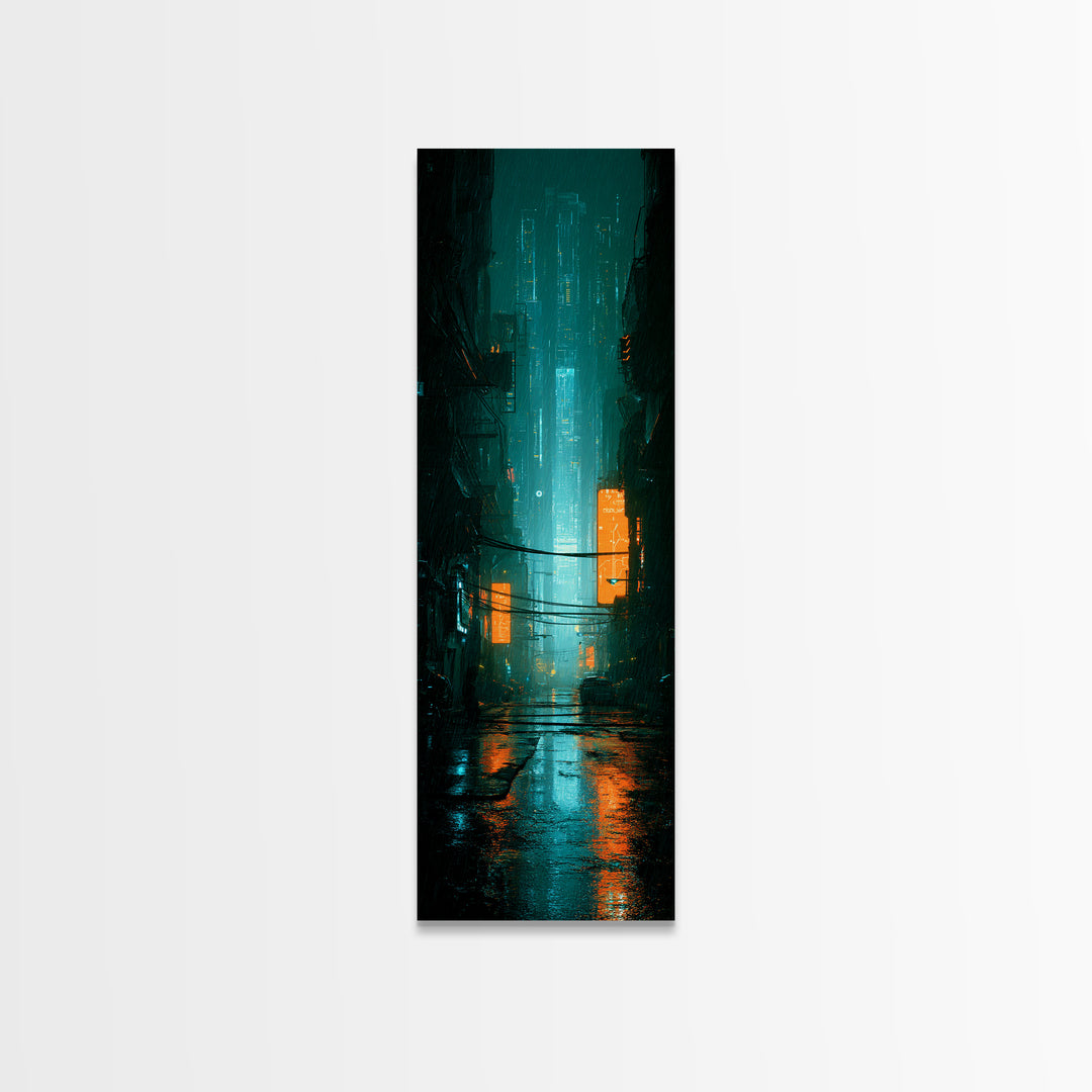 Retro Arcade Dystopia Framed Canvas Print, Cyberpunk Art, Modern Decor, Living Room Decor, Fine Art, Neon, Poster, Wall Decor, CYB-1x3-70