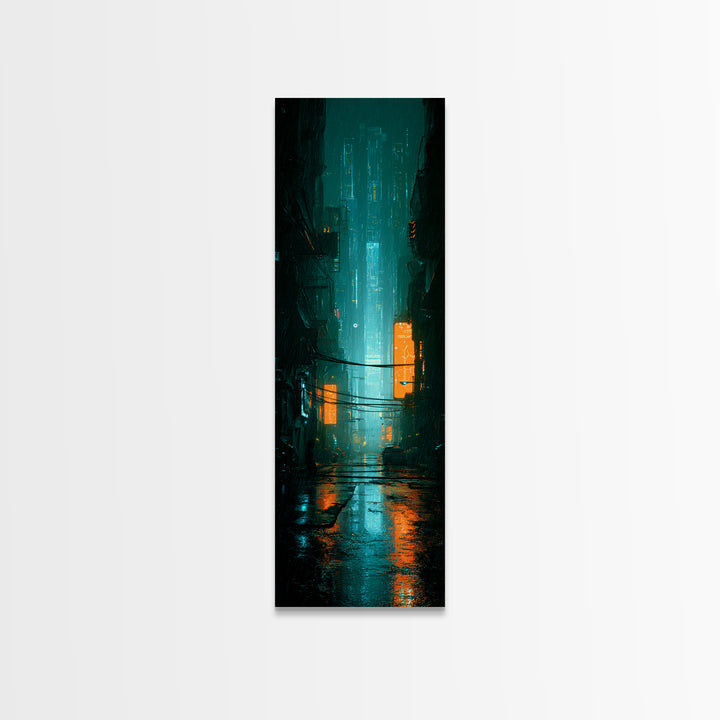 Retro Arcade Dystopia Framed Canvas Print, Cyberpunk Art, Modern Decor, Living Room Decor, Fine Art, Neon, Poster, Wall Decor, CYB-1x3-70