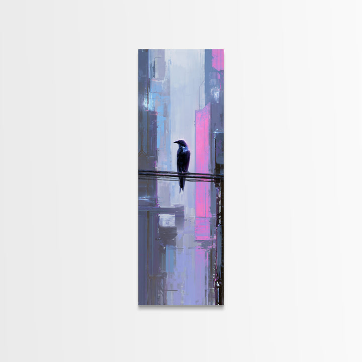 Cybernetic Raven Perched on a Cable Framed Canvas Print, Cyberpunk Art, Gallery Decor, Living Room Decor, Fine Art, Neon, CYB-1x3-71