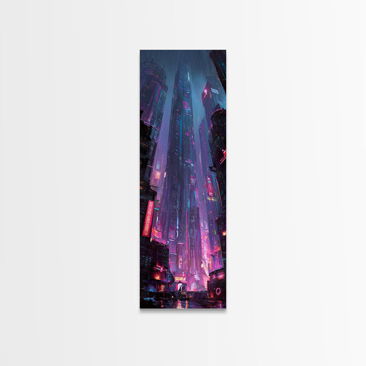 Neon Dragon Wrapped Around Skyscraper Shapes Framed Canvas Print, Cyberpunk Art, Fine Art Print, Living Room Decor, CYB-1x3-74