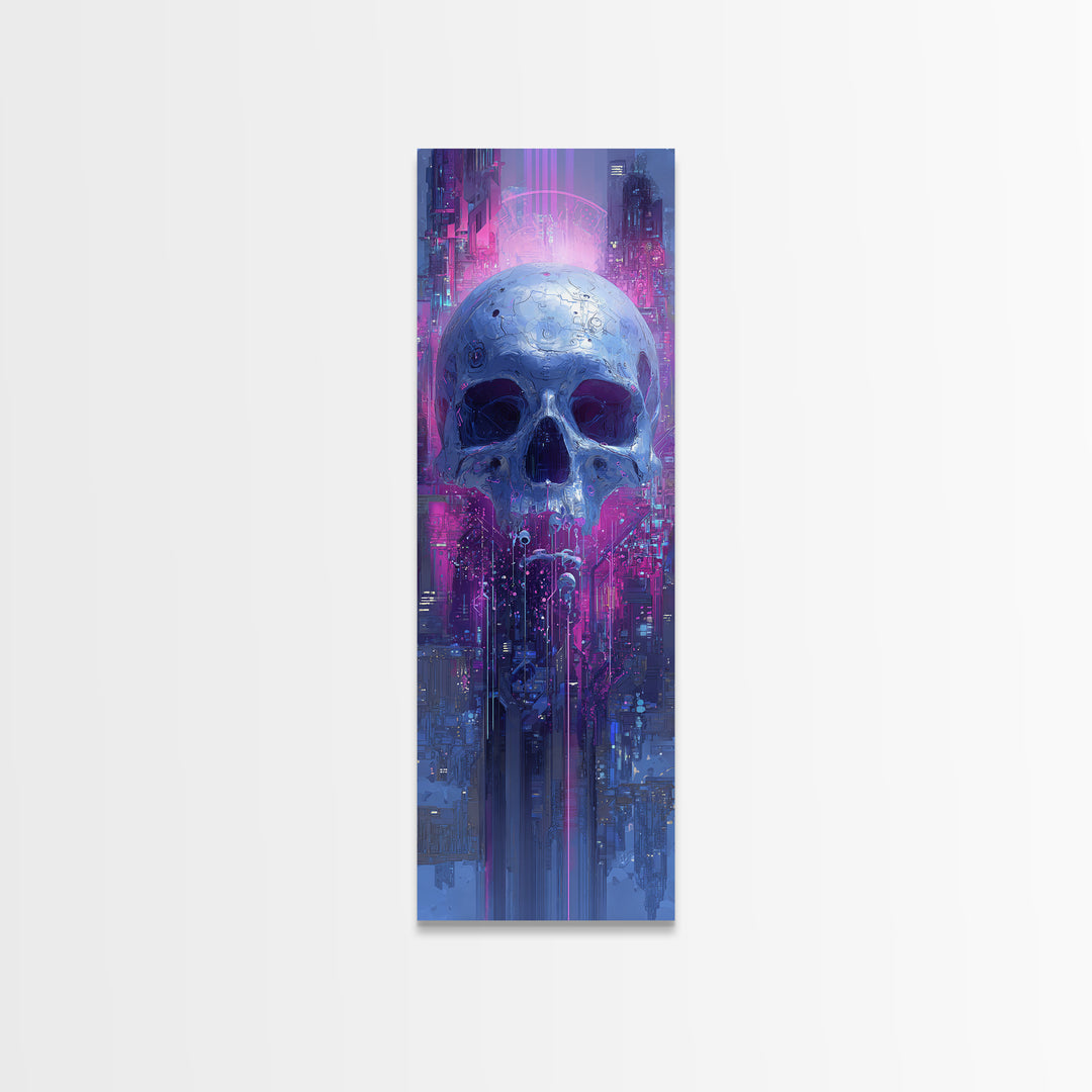 Cyberpunk Skull with Chrome and Violet Light Framed Canvas Print, Cyberpunk Art, Contemporary Art, Living Room Decor, Neon, CYB-1x3-8