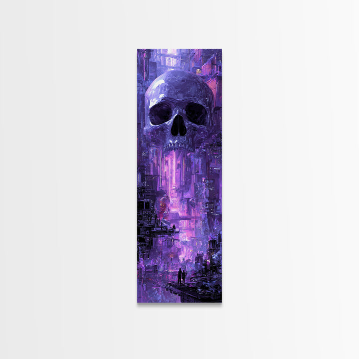 Cyberpunk Skull with Chrome and Violet Light Framed Canvas Print, Cyberpunk Art, Digital Art Print, Living Room Decor, Neon, CYB-1x3-80