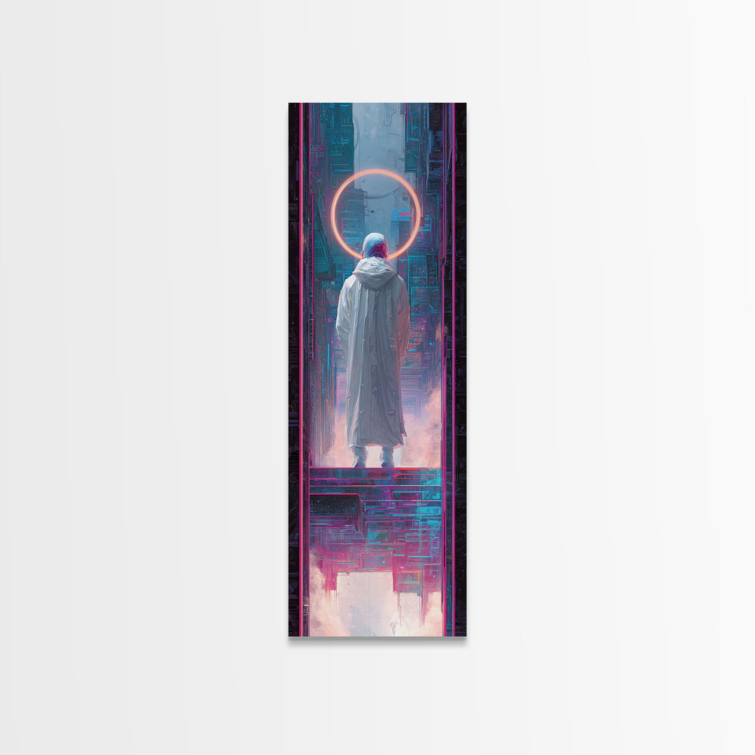 Masked Hacker Figure Canvas Print, Cyberpunk Art, Wall Art, Living Room Decor, Oil Painting, Neon, Abstract Art, CYB-1x3-90