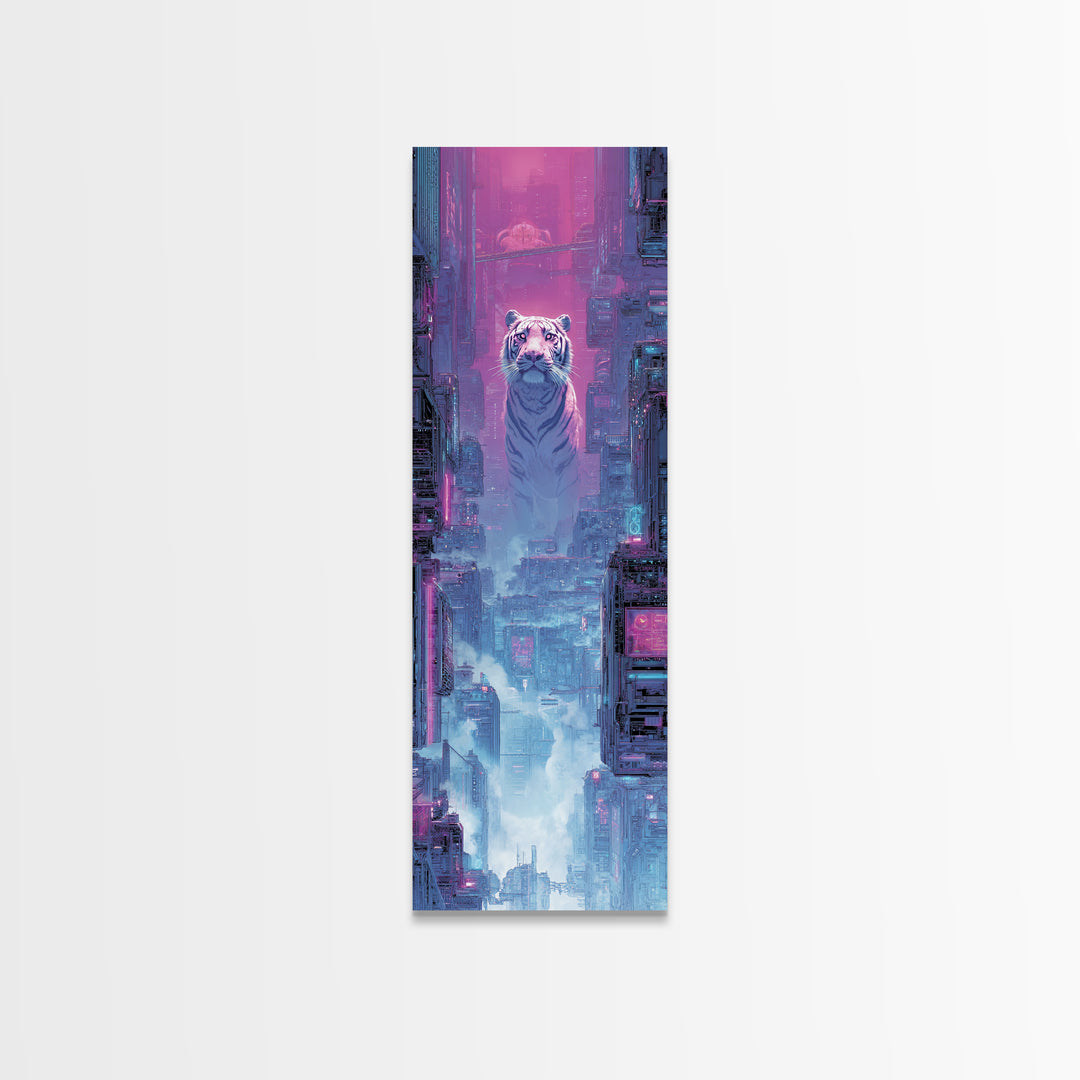 Neon Tiger Emerging from Digital Fog Canvas Print, Cyberpunk Art, Digital Art, Living Room Decor, Fine Art, Neon, Cool Wall Art, CYB-1x3-93