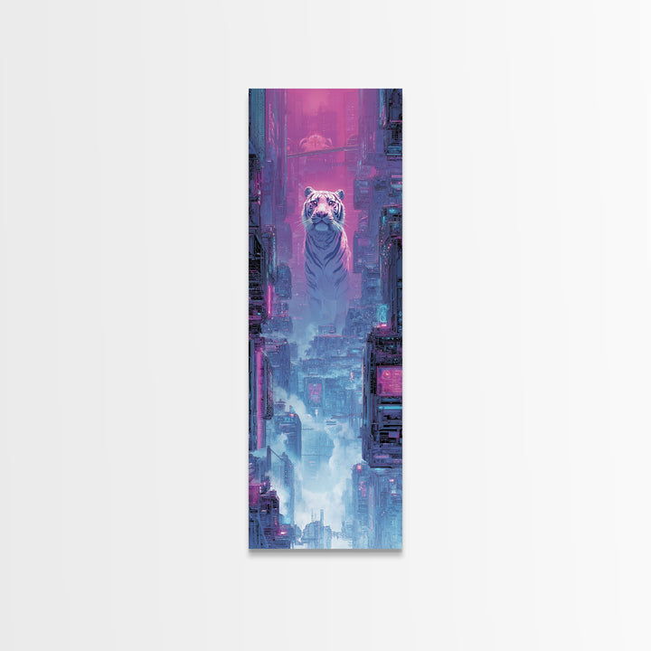 Neon Tiger Emerging from Digital Fog Canvas Print, Cyberpunk Art, Digital Art, Living Room Decor, Fine Art, Neon, Cool Wall Art, CYB-1x3-93