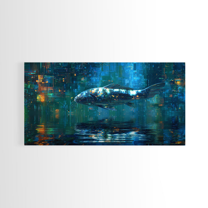 Cyberpunk Koi Swimming Through Electric Blue Water Framed Canvas Print, Cyberpunk Art, Cyberpunk 2077, Living Room Decor, Neon, CYB-2x1-1