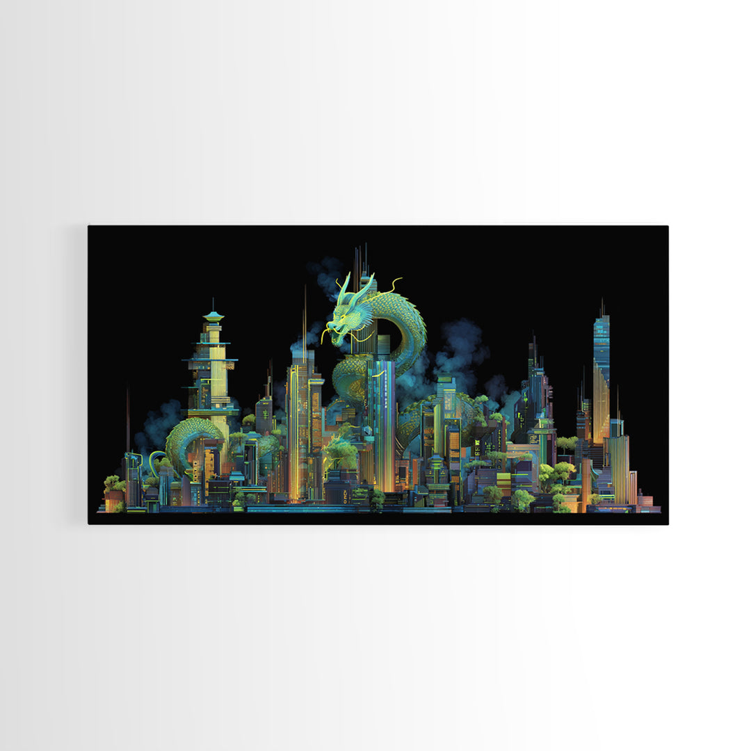 Neon Dragon Wrapped Around Skyscraper Shapes Framed Canvas Print, Cyberpunk Art, Living Room Decor, Abstract Art, Neon, CYB-2x1-10