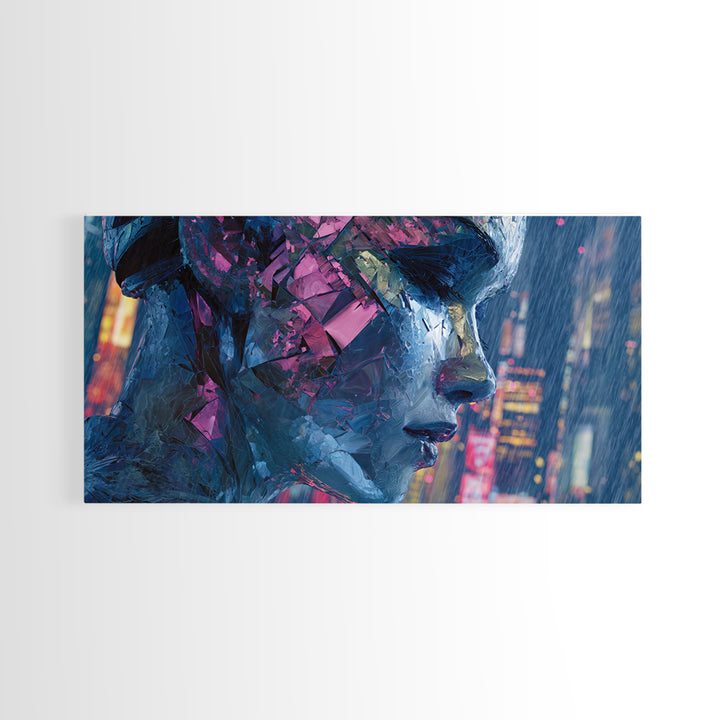 Ai Mask Portrait Framed Canvas Print, Cyberpunk Art, Statement Artwork, Living Room Decor, Fine Art, Neon, Art Print, CYB-2x1-20