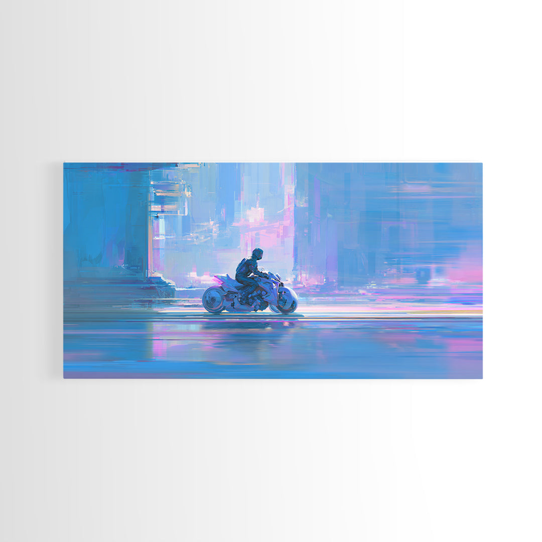 Motorcycle Rider under Holographic Signs Framed Canvas Print, Cyberpunk Art, Minimalist Decor, Living Room Decor, Neon, CYB-2x1-24