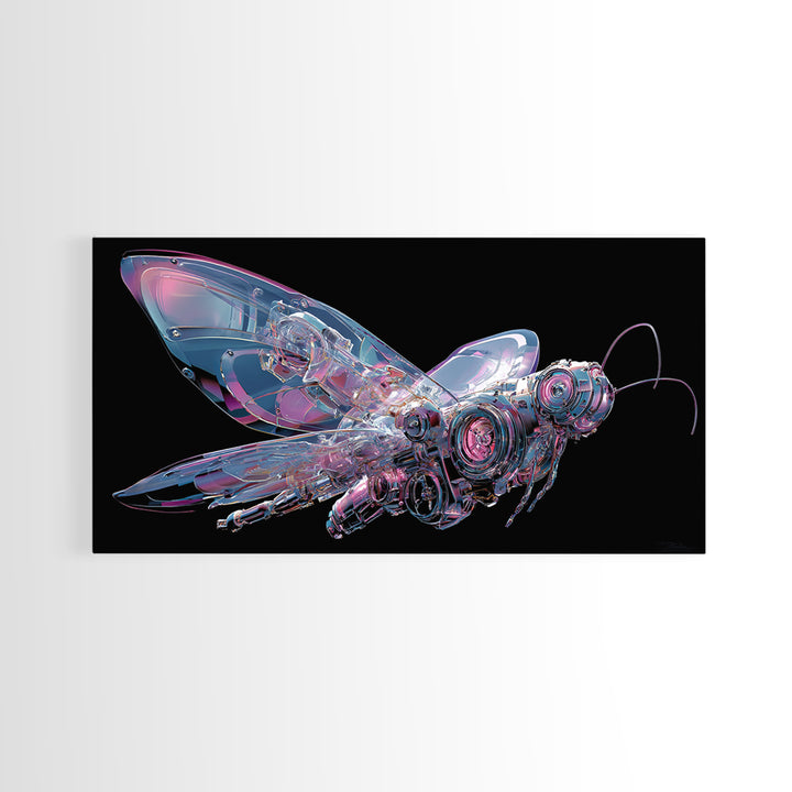 Holographic Butterfly over Black Metal Surface Canvas Print, Cyberpunk Art, Printable Wall Art, Living Room Decor, Neon, CYB-2x1-39