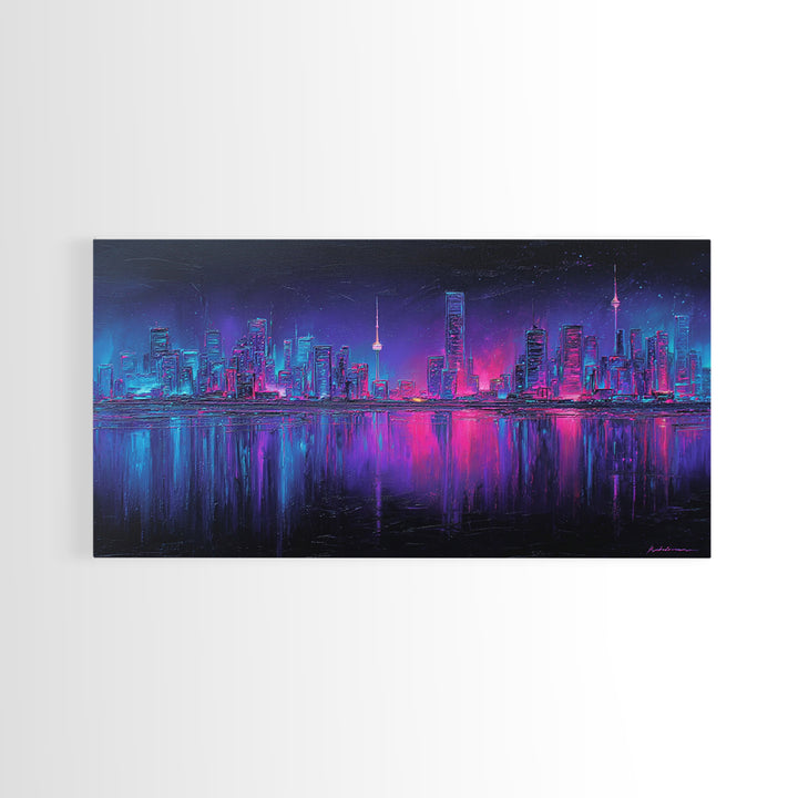 Neon Skyline Reflected Framed Canvas Print, Cyberpunk Art, Room Decor, Living Room Decor, Abstract Art, Neon 142, Cyberpunk, CYB-2x1-42