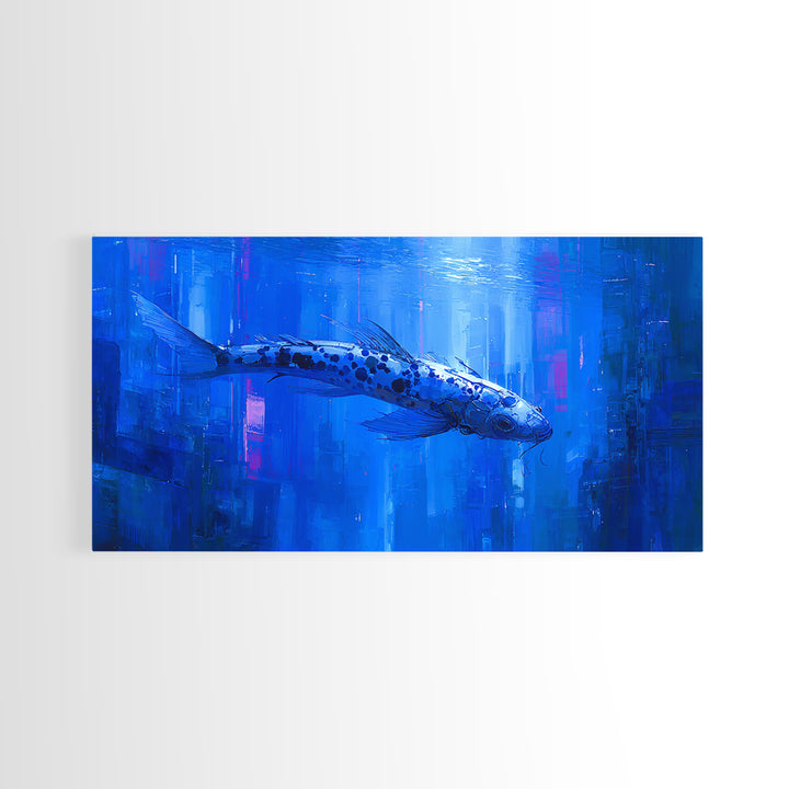 Cyberpunk Koi Swimming Through Electric Blue Water Canvas Print, Cyberpunk Art, Japanese Wall Art, Living Room Decor, Neon, CYB-2x1-49