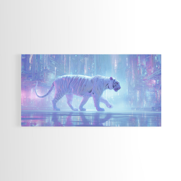Neon Tiger Emerging from Digital Fog Framed Canvas Print, Cyberpunk Art, Digital Wall Art, Living Room Decor, Watercolor Art, CYB-2x1-5