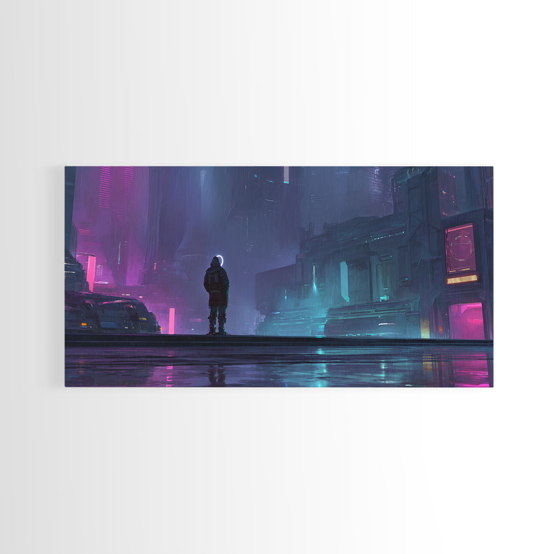 Masked Hacker Figure Framed Canvas Print, Cyberpunk Art, Wall Decor, Living Room Decor, Fine Art, Neon, Japanese Art, CYB-2x1-50