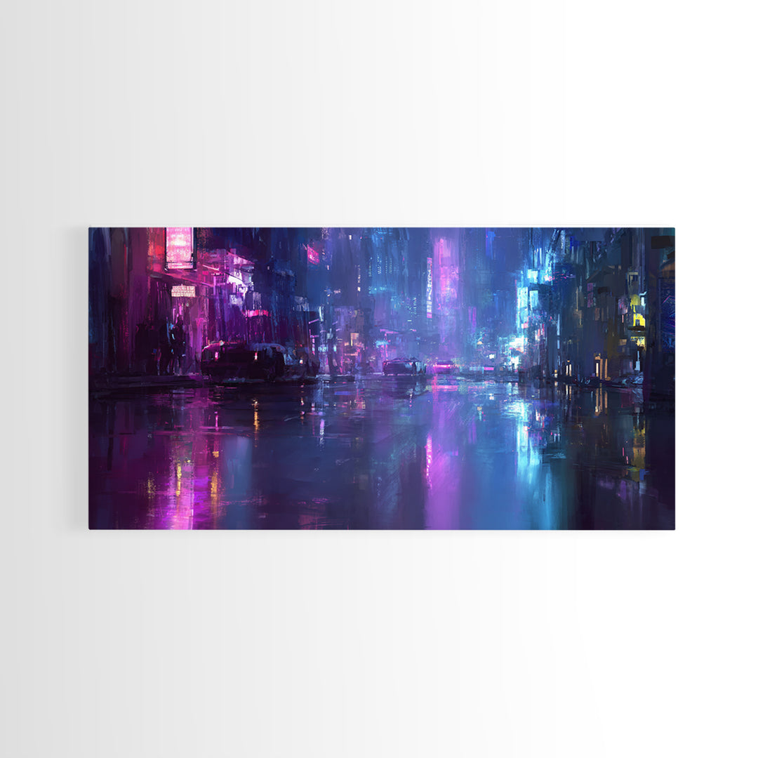 Rain Soaked Alley Canvas Print, Cyberpunk Art, Art Print, Living Room Decor, Abstract Art, Neon, Blue Wall Art, Cool Wall Art, CYB-2x1-52