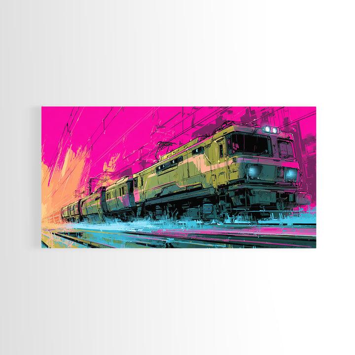 City Train Rushing Through Pink Electric Haze Canvas Print, Cyberpunk Art, Gothic Decor, Living Room Decor, Fine Art, Neon, CYB-2x1-57