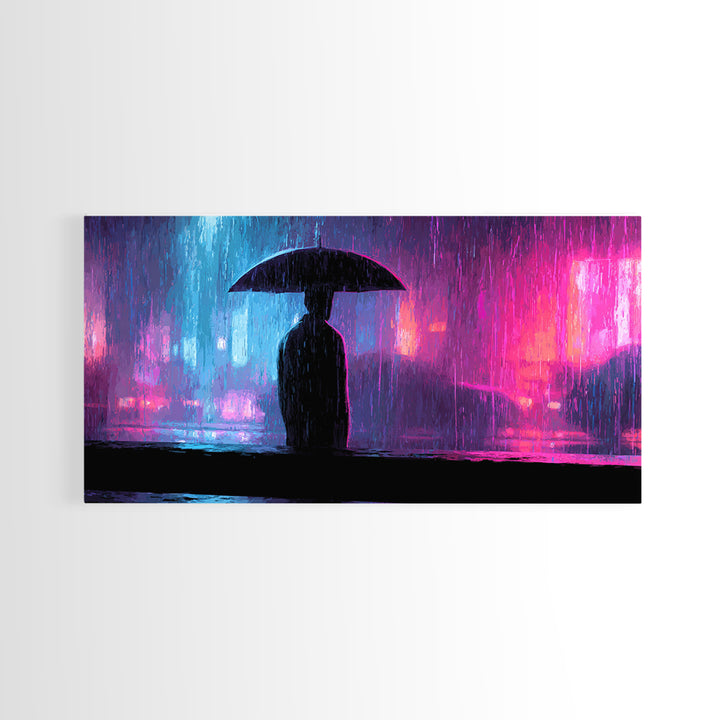 Glowing Umbrella Figure Framed Canvas Print, Cyberpunk Art, Cyberpunk Jacket, Living Room Decor, Fine Art, Neon, Boho Decor, CYB-2x1-59