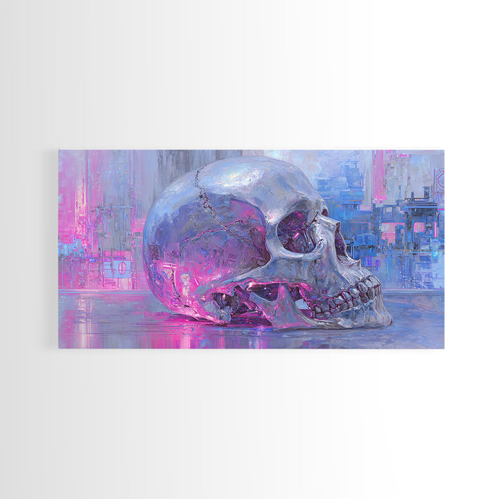 Cyberpunk Skull with Chrome and Violet Light Canvas Print, Cyberpunk Art, Cyberpunk 2077, Living Room Decor, Fine Art, Neon, CYB-2x1-64