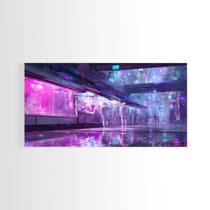 Astronaut Street Wanderer Framed Canvas Print, Cyberpunk Art, Gallery Decor, Living Room Decor, Fine Art, Neon, Wall Art, CYB-2x1-67