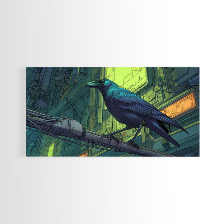 Cybernetic Raven Perched on a Cable Framed Canvas Print, Cyberpunk Art, Art Print, Living Room Decor, Fine Art, Neon, CYB-2x1-7