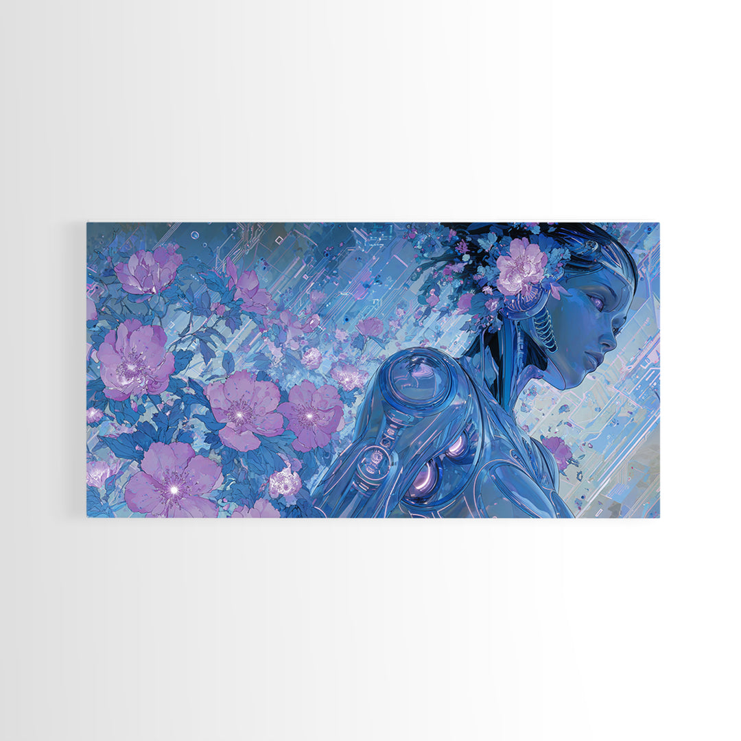 Android Woman with Glowing Circuitry and Flowers Canvas Print, Cyberpunk Art, Cyberpunk Helmet, Living Room Decor, Neon, CYB-2x1-71