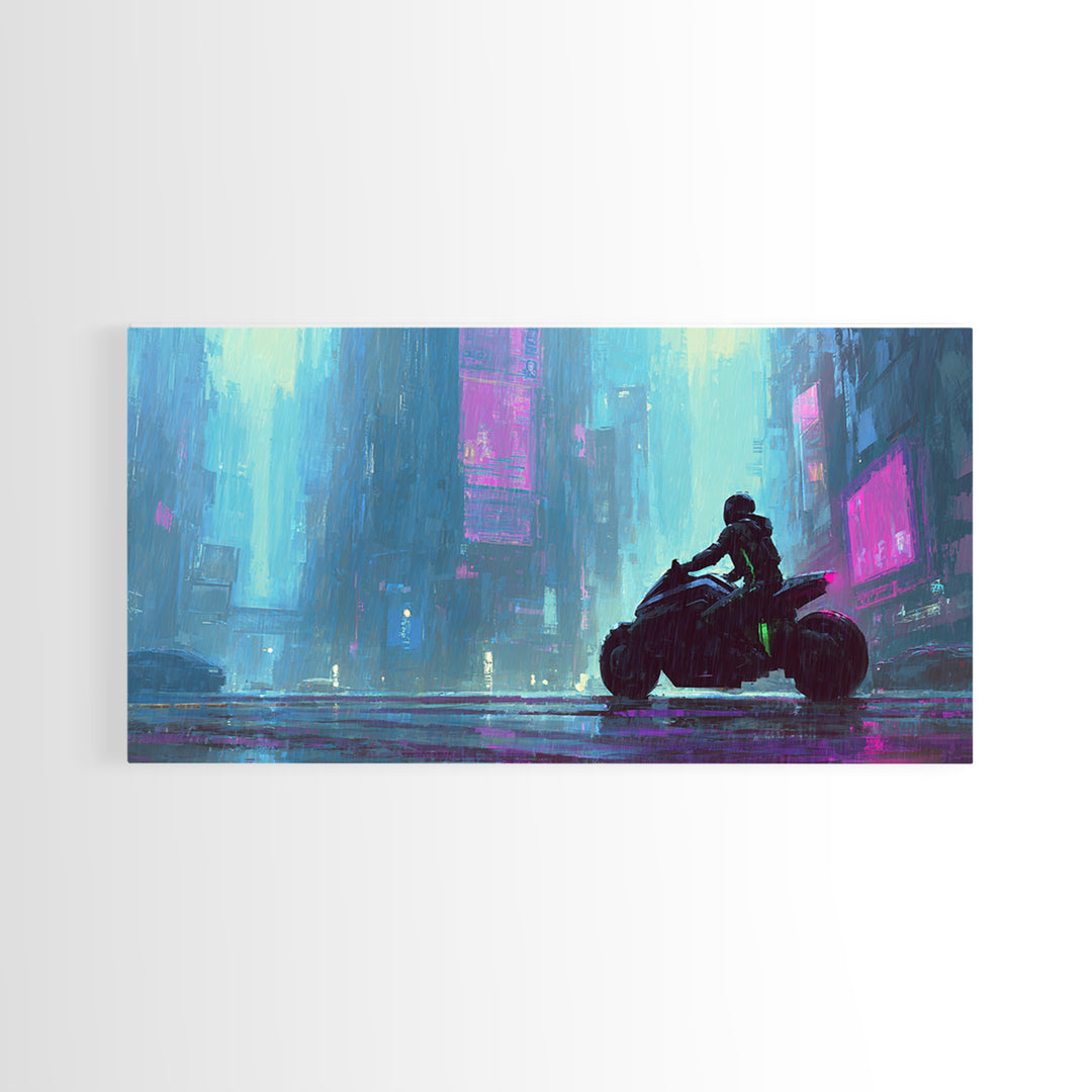 Motorcycle Rider under Holographic Signs Framed Canvas Print, Cyberpunk Art, Gothic Decor, Living Room Decor, Fine Art, Neon, CYB-2x1-72