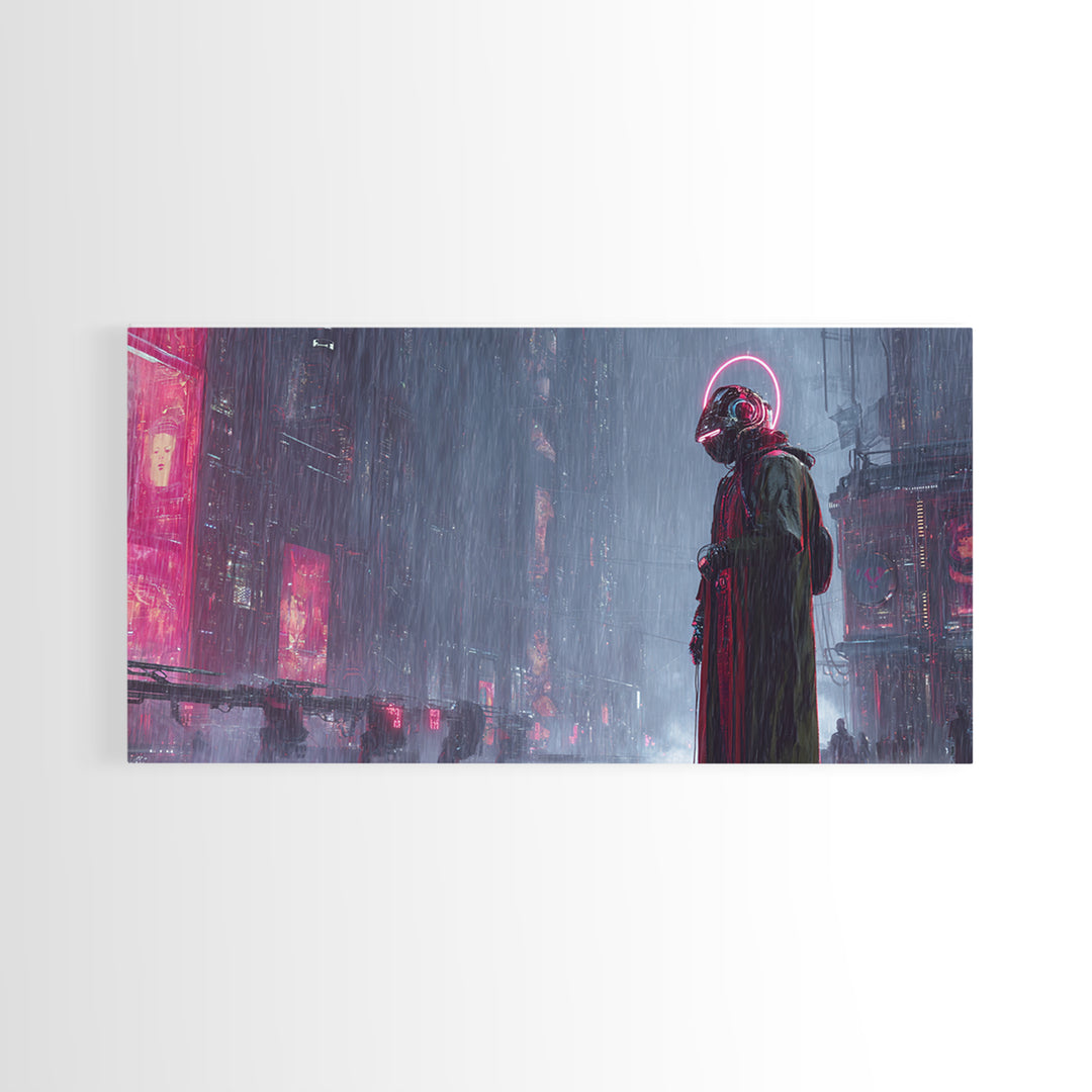 Masked Hacker Figure Canvas Print, Cyberpunk Art, Digital Wall Art, Living Room Decor, Fine Art, Neon, Man Cave Decor, CYB-2x1-74