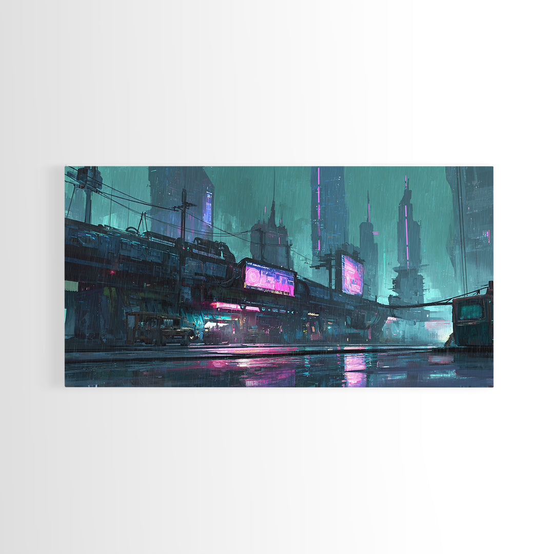 Retro Arcade Dystopia Canvas Print, Cyberpunk Art, Cyberpunk, Living Room Decor, Fine Art, Neon, Modern Art, Blue Wall Art, CYB-2x1-78
