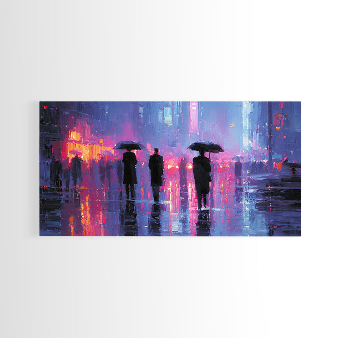Glowing Umbrella Figure Framed Canvas Print, Cyberpunk Art, Wall Decor, Living Room Decor, Fine Art, Neon, Japanese Art, CYB-2x1-83