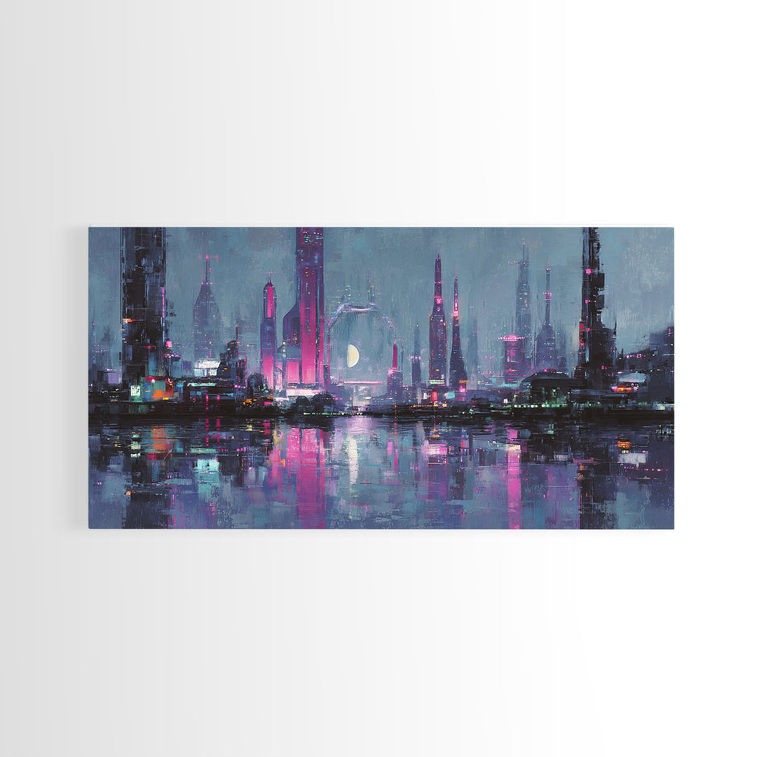 Dystopian Moon over Dense Rooftops Framed Canvas Print, Cyberpunk Art, Digital Art, Living Room Decor, Fine Art, Neon, CYB-2x1-86
