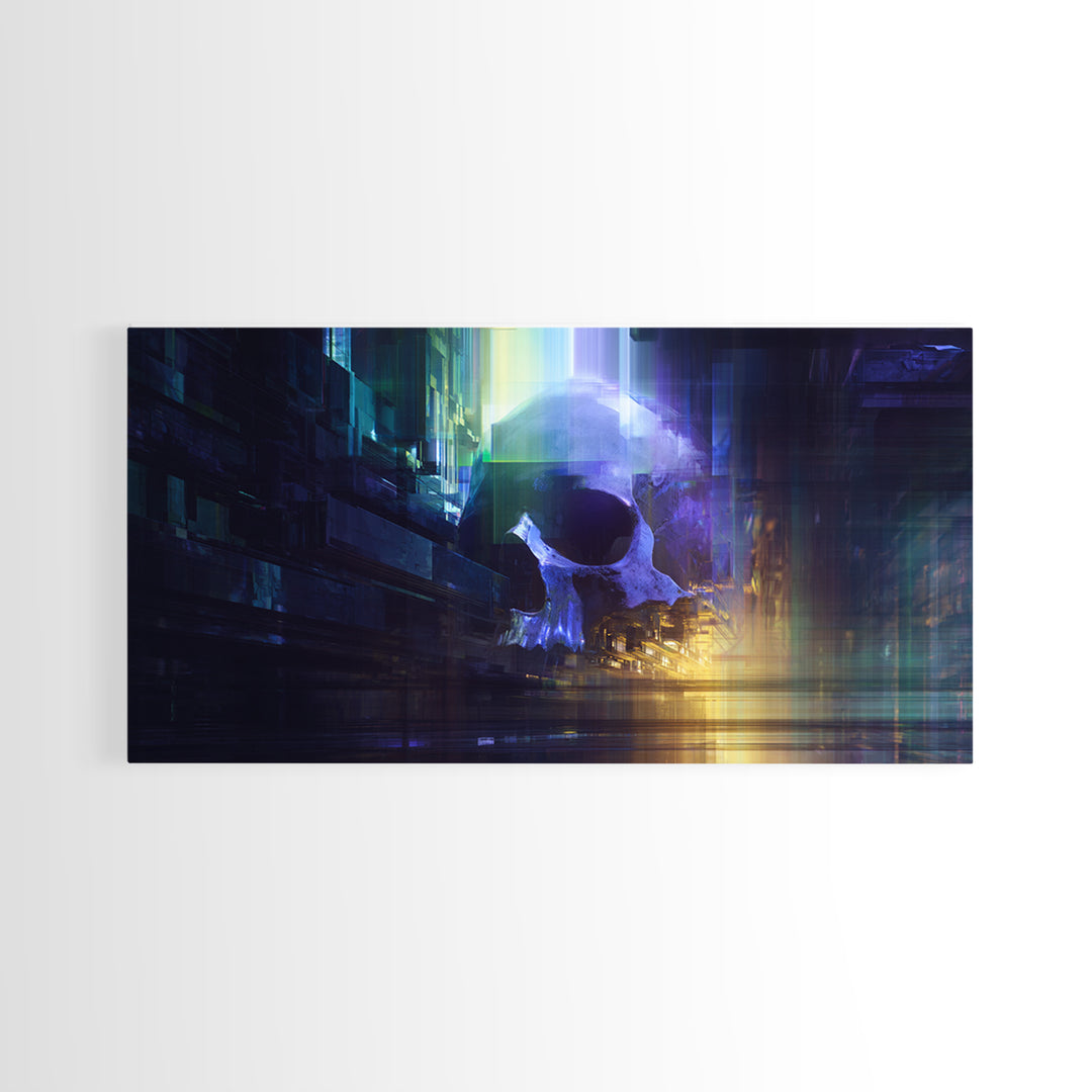 Cyberpunk Skull with Chrome and Violet Light Framed Canvas Print, Cyberpunk Art, Japanese Wall Art, Living Room Decor, Neon, CYB-2x1-88