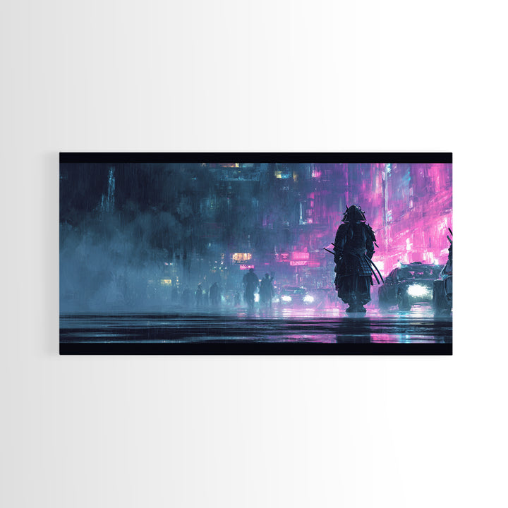 Neon Samurai Portrait Canvas Print, Cyberpunk Art, Cool Wall Art, Living Room Decor, Neon, Gallery Decor, Neutral Decor, CYB-2x1-93