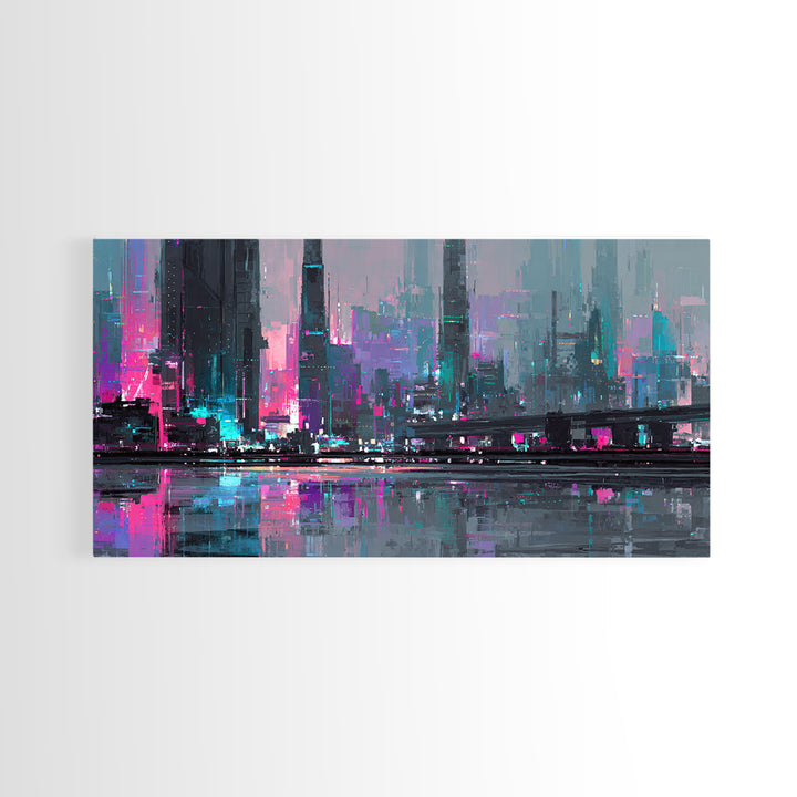 Futuristic City Skyline Canvas Print, Cyberpunk Art, Cyberpunk 2077, Living Room Decor, Fine Art, Neon, Cyberpunk Decor, CYB-2x1-94