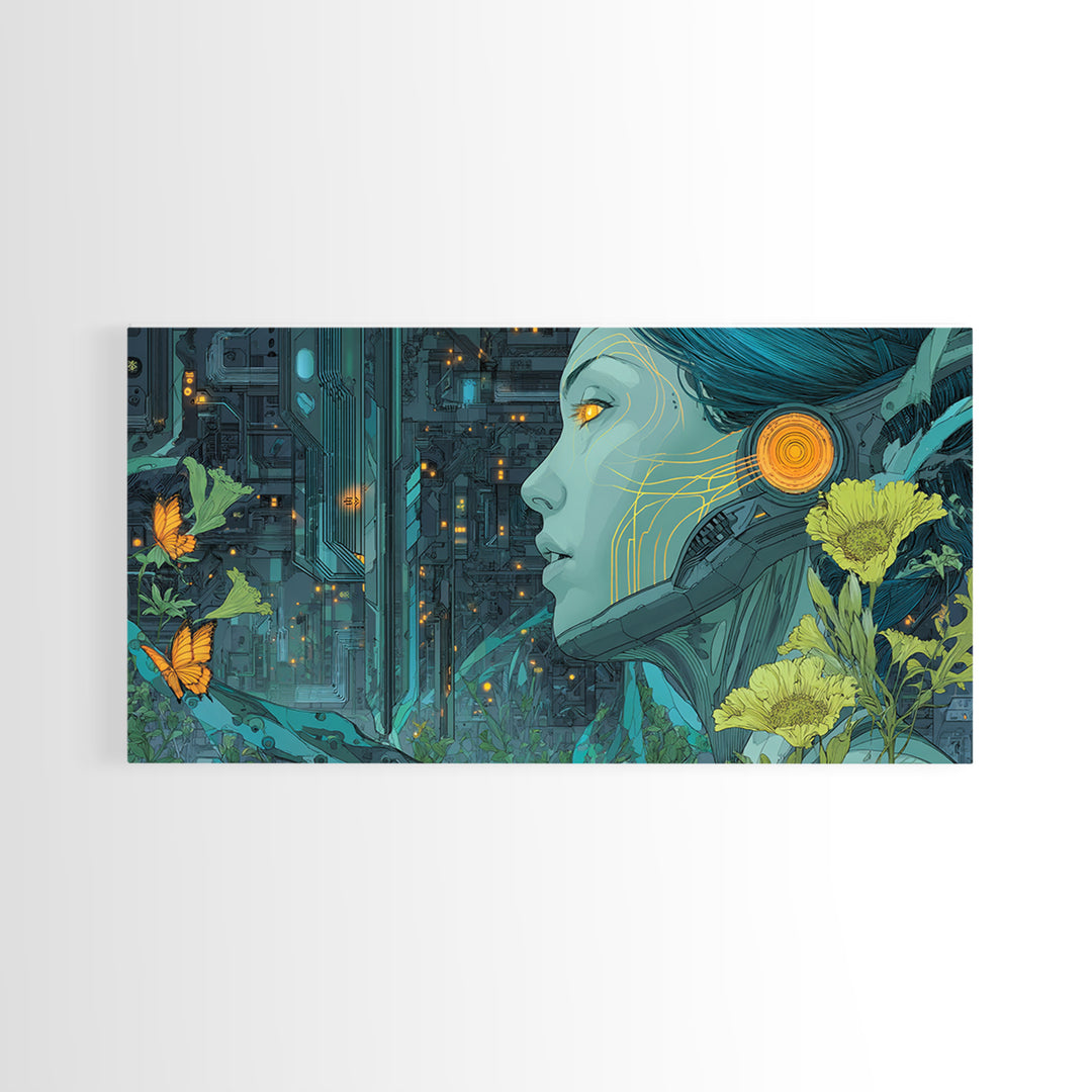 Android Woman with Glowing Circuitry and Flowers Canvas Print, Cyberpunk Art, Neutral Decor, Living Room Decor, Neon, CYB-2x1-95