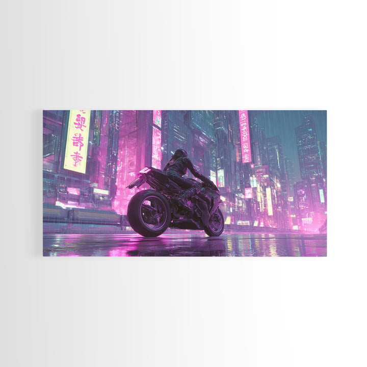 Motorcycle Rider under Holographic Signs Framed Canvas Print, Cyberpunk Art, Man Cave Decor, Living Room Decor, Fine Art, Neon, CYB-2x1-96