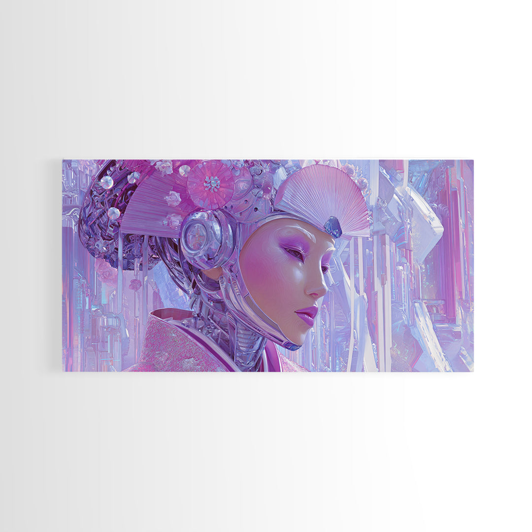 Robot Geisha Portrait Framed Canvas Print, Cyberpunk Art, Cool Wall Art, Living Room Decor, Fine Art, Neon, Gallery Decor, CYB-2x1-99