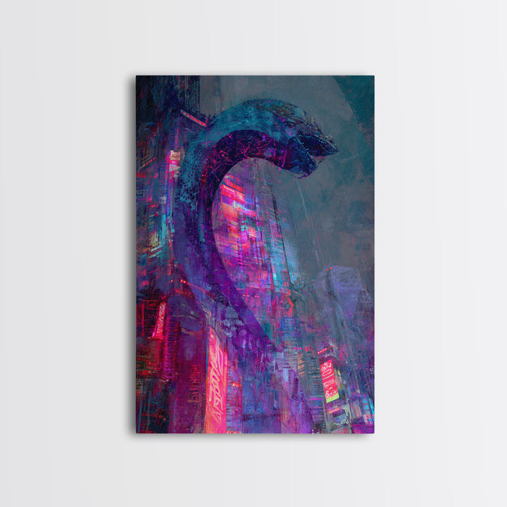 Neon Dragon Wrapped Around Skyscraper Shapes Framed Canvas Print, Cyberpunk Art, Poster, Living Room Decor, Fine Art, Neon, CYB-2x3-22