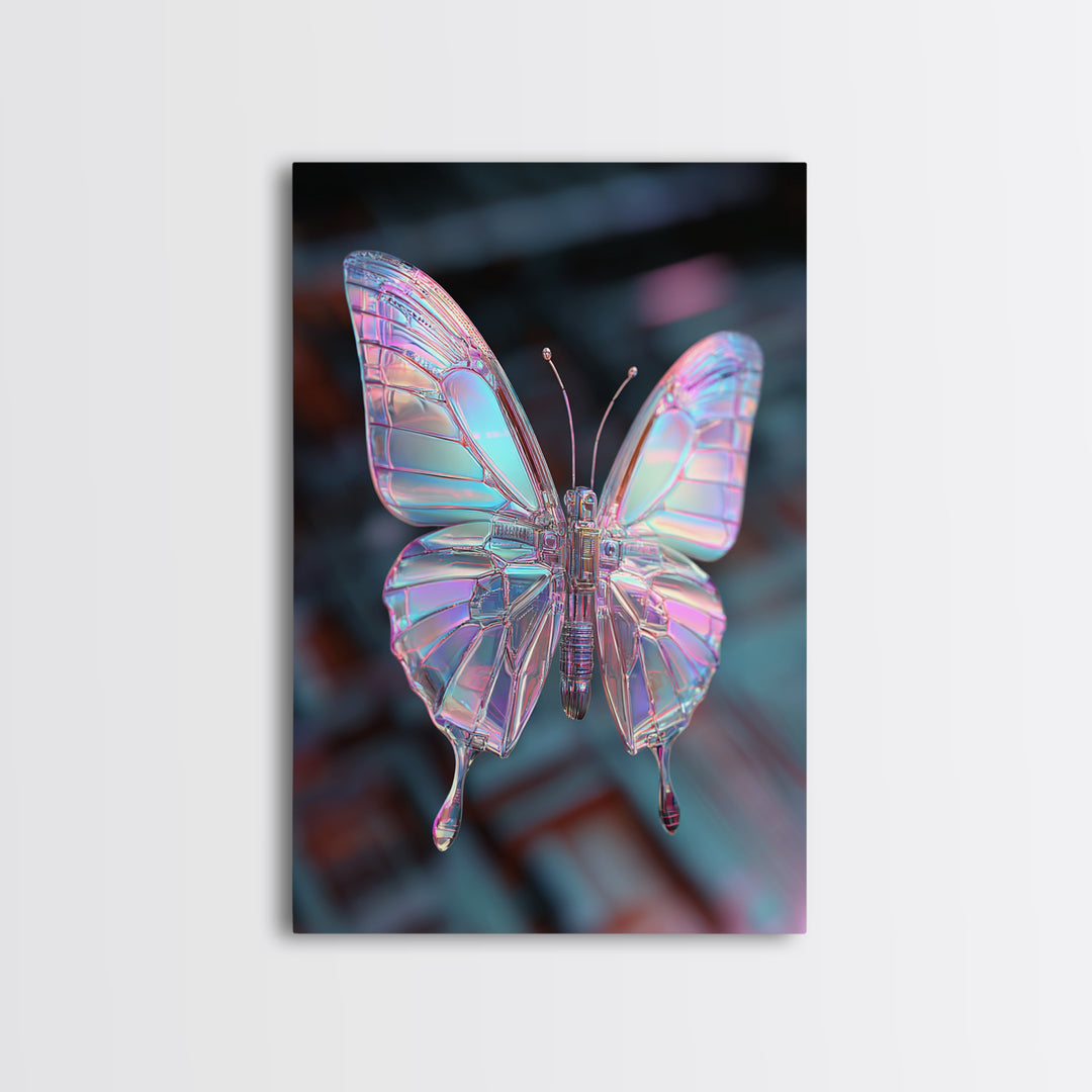 Holographic Butterfly over Black Metal Surface Canvas Print, Cyberpunk Art, Home Decor, Living Room Decor, Fine Art, Neon, CYB-2x3-27