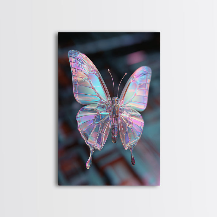 Holographic Butterfly over Black Metal Surface Canvas Print, Cyberpunk Art, Home Decor, Living Room Decor, Fine Art, Neon, CYB-2x3-27