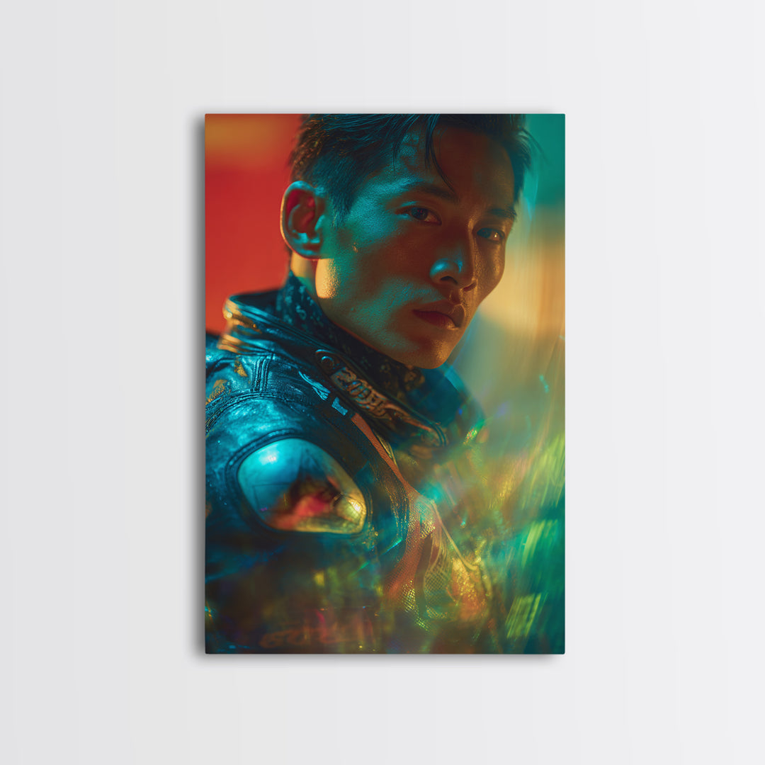 Motorcycle Rider under Holographic Signs Framed Canvas Print, Cyberpunk Art, Modern Wall Decor, Living Room Decor, Neon, CYB-2x3-36