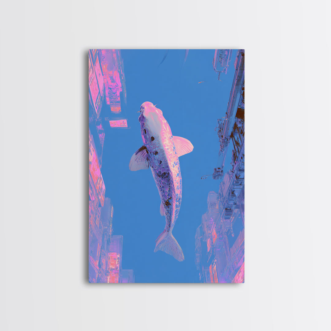 Cyberpunk Koi Swimming Through Electric Blue Water Framed Canvas Print, Cyberpunk Art, Movie Posters, Living Room Decor, Neon, CYB-2x3-37