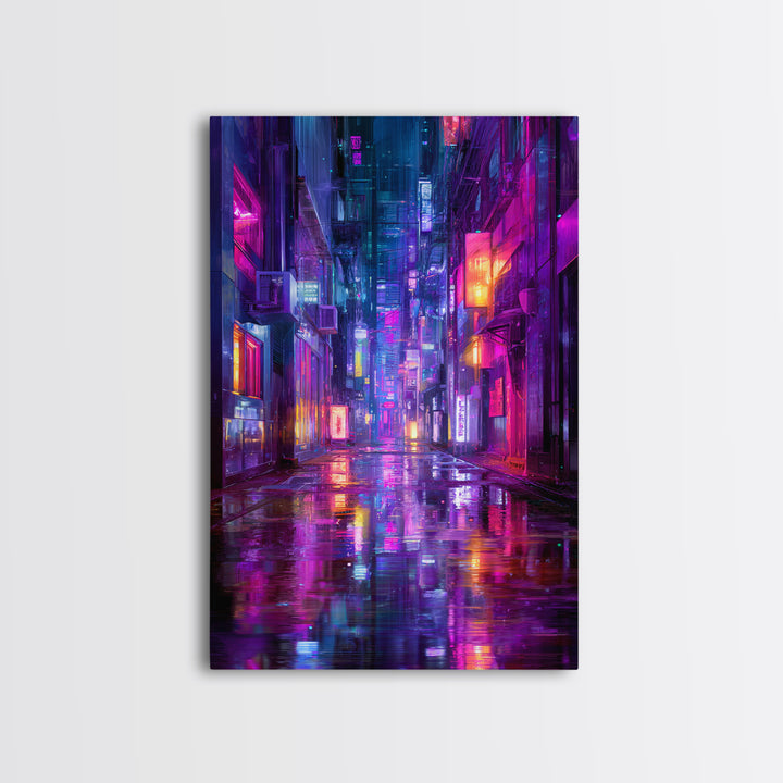 Rain Soaked Alley Canvas Print, Cyberpunk Art, Contemporary Art, Living Room Decor, Abstract Art, Neon, Canvas Wall Art, CYB-2x3-40