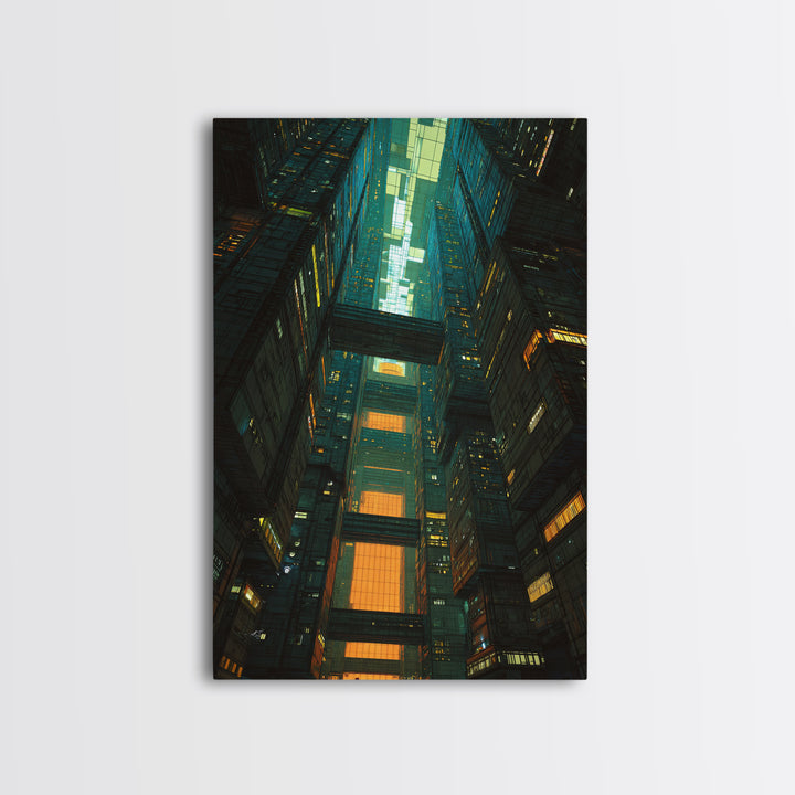 Retro Arcade Dystopia Framed Canvas Print, Cyberpunk Art, Living Room Decor, Watercolor Art, Neon, Japanese Wall Art, CYB-2x3-42
