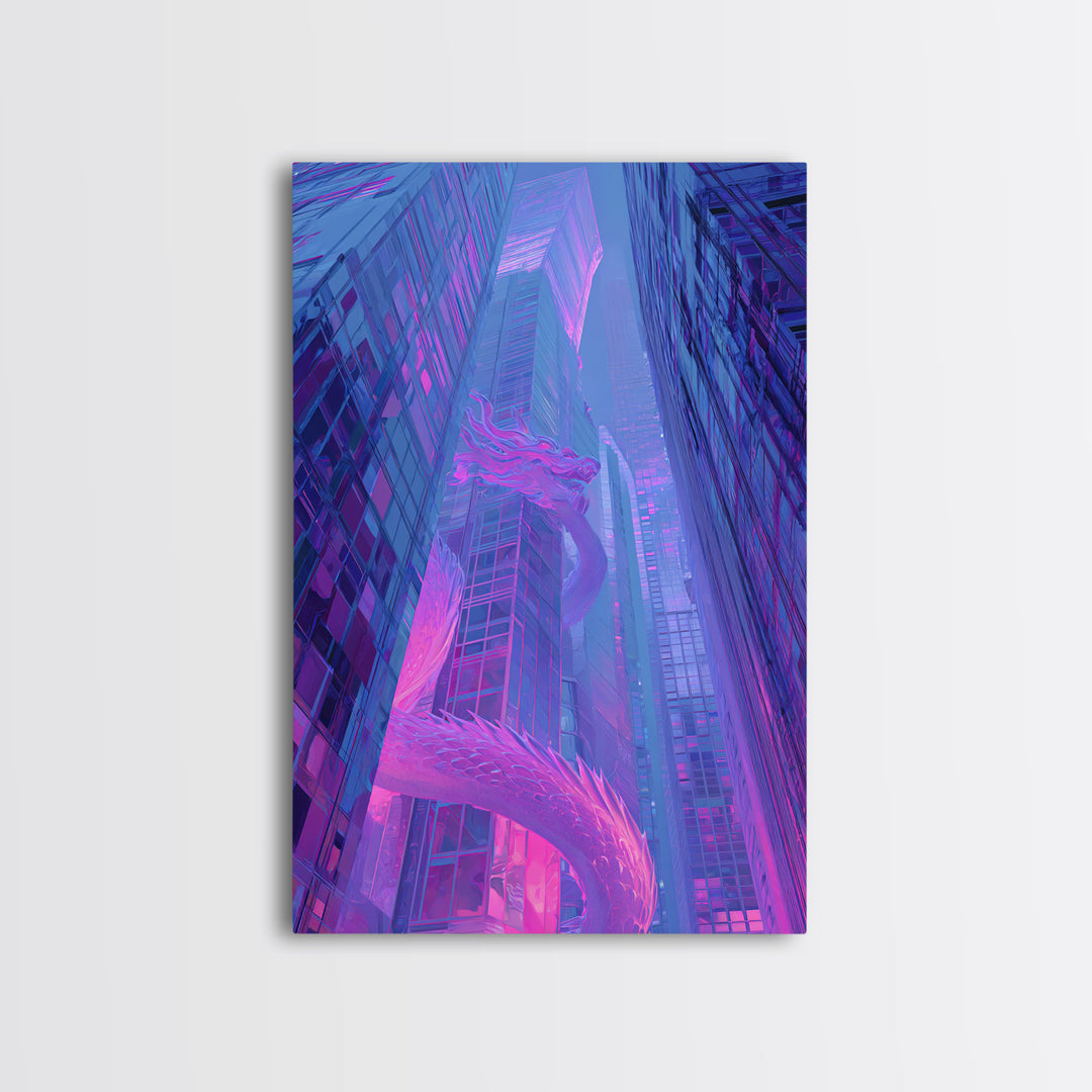 Neon Dragon Wrapped Around Skyscraper Shapes Framed Canvas Print, Cyberpunk Art, Poster, Living Room Decor, Fine Art, Neon, CYB-2x3-46