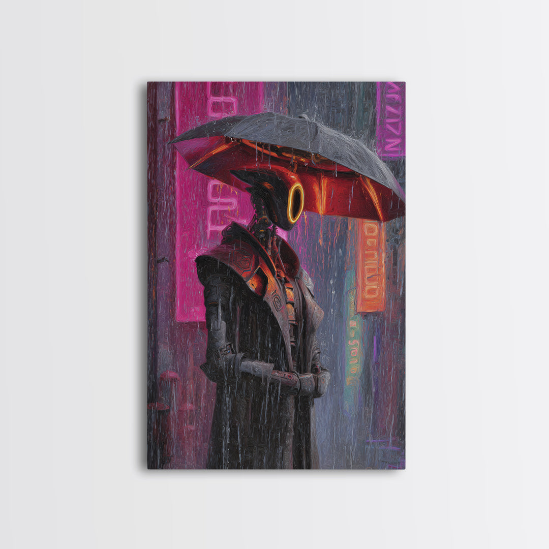 Glowing Umbrella Figure Framed Canvas Print, Cyberpunk Art, Canvas Wall Art, Living Room Decor, Fine Art, Neon, Space Art, CYB-2x3-47