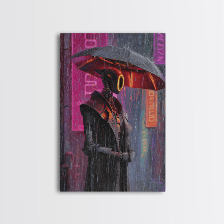 Glowing Umbrella Figure Framed Canvas Print, Cyberpunk Art, Canvas Wall Art, Living Room Decor, Fine Art, Neon, Space Art, CYB-2x3-47