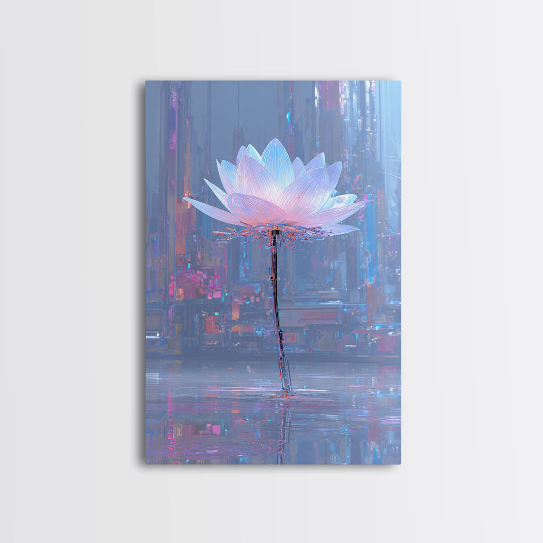 Electric Lotus Flower Canvas Print, Cyberpunk Art, Japanese Wall Art, Living Room Decor, Watercolor Art, Neon, Cyberpunk Helmet, CYB-2x3-49