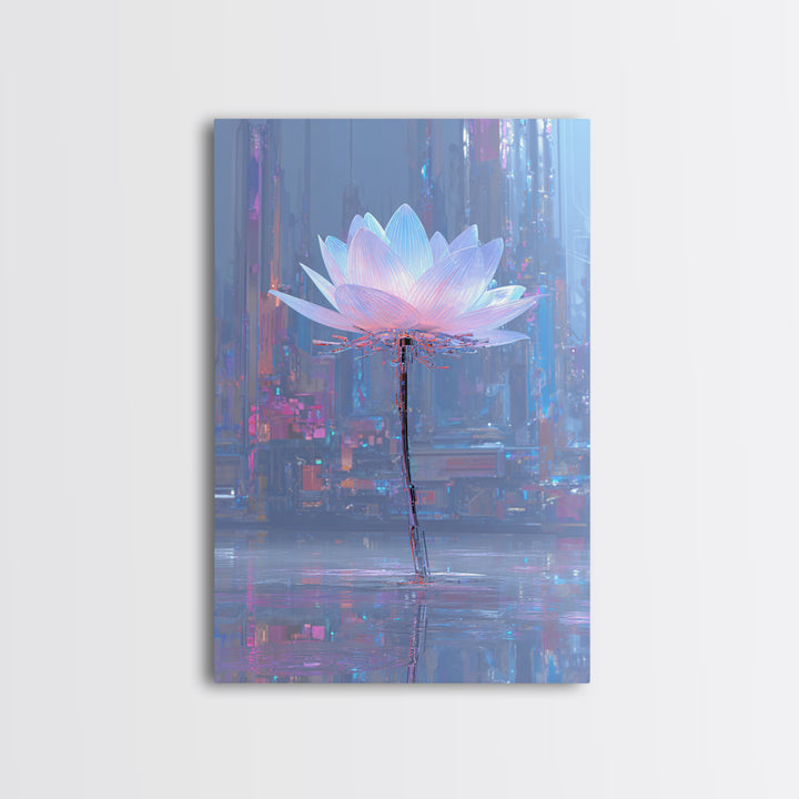 Electric Lotus Flower Canvas Print, Cyberpunk Art, Japanese Wall Art, Living Room Decor, Watercolor Art, Neon, Cyberpunk Helmet, CYB-2x3-49