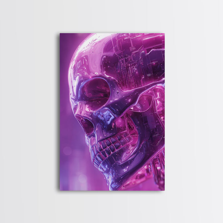 Cyberpunk Skull with Chrome and Violet Light Framed Canvas Print, Cyberpunk Art, Poster, Living Room Decor, Fine Art, Neon, CYB-2x3-52